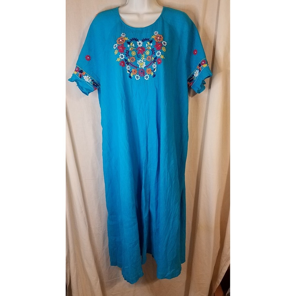 VTG Patio Casuals by Cabernet Women's Dress Size 1X Embroidery Cotton‎ Blue